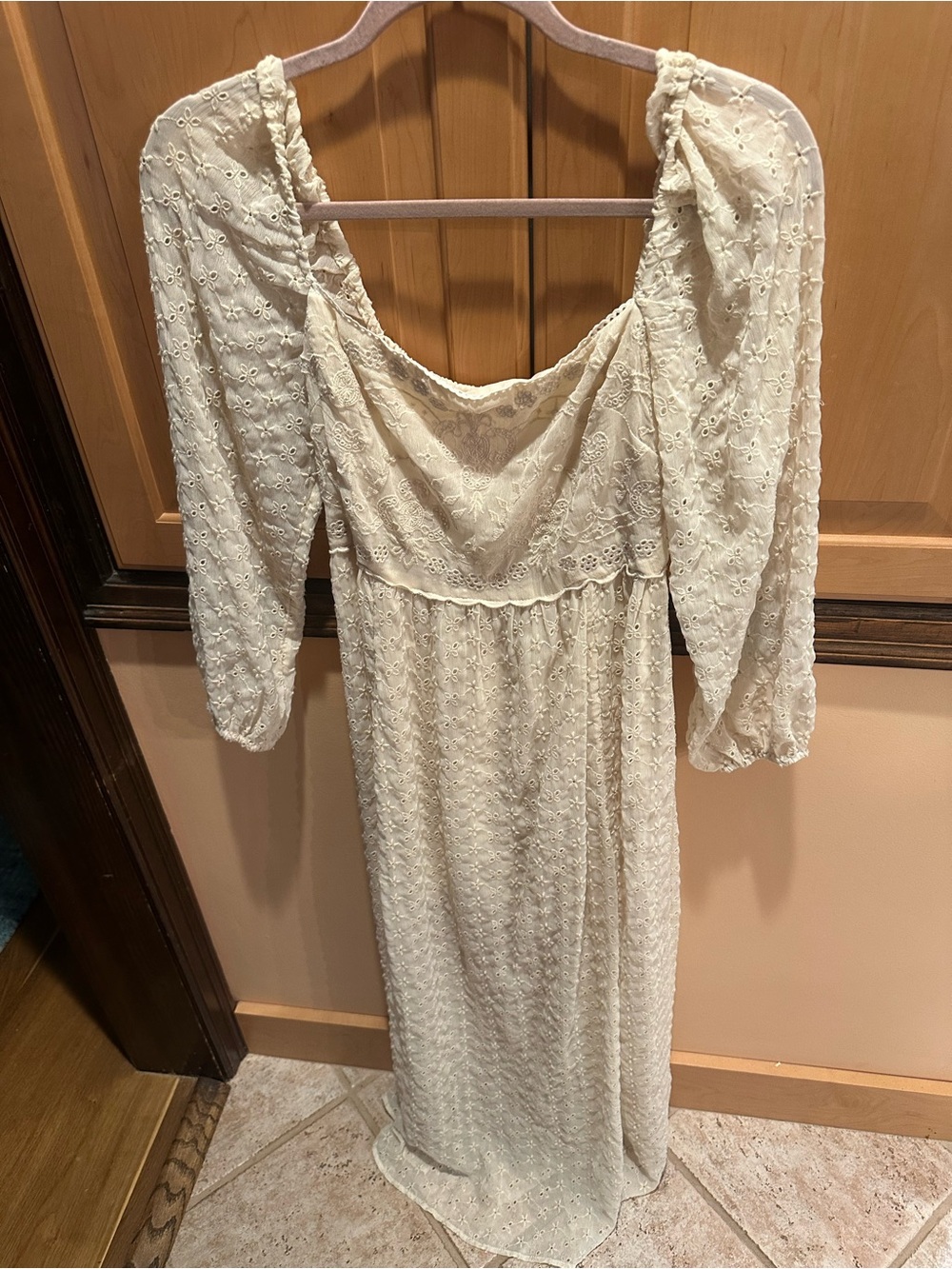 Free People Cream Lace Maxi Dress with Puff Sleeves